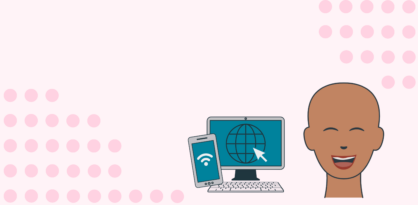 Animated tile image of a blue mobile phone and computer on the left and a happy face on the right.